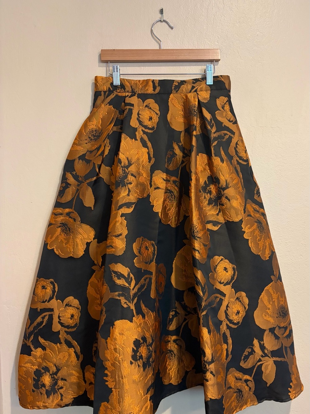 Black & Rust Gold Floral Jacquard Midi High Waist Skirt, Elegant Fall Vibes, S